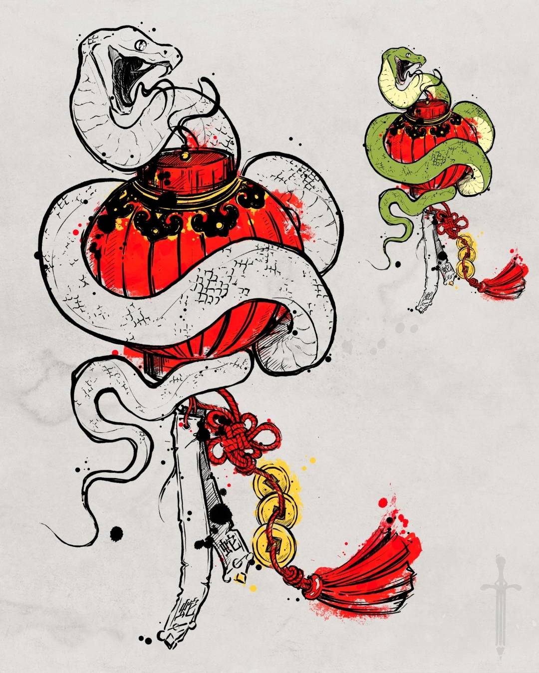 Year of the snake, snake with Chinese lantern tattoo design