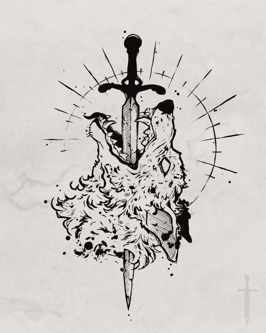 Wolf pierced with sword tattoo design