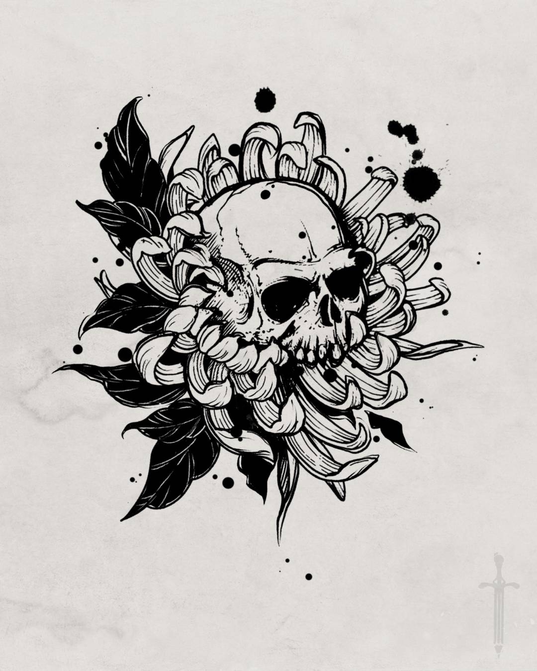 Skull chrysanthemum tattoo design