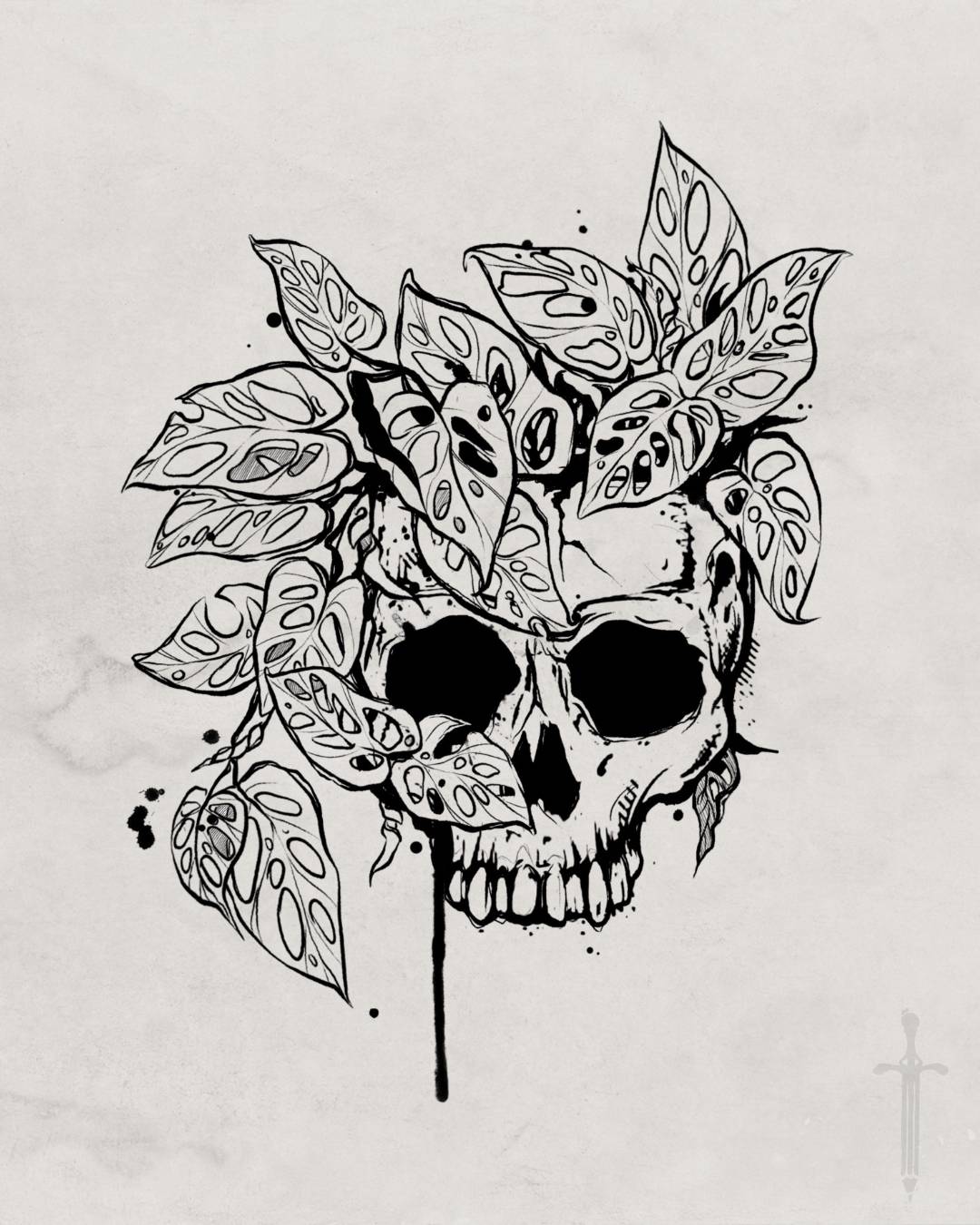 Monstera (plant) skull tattoo design