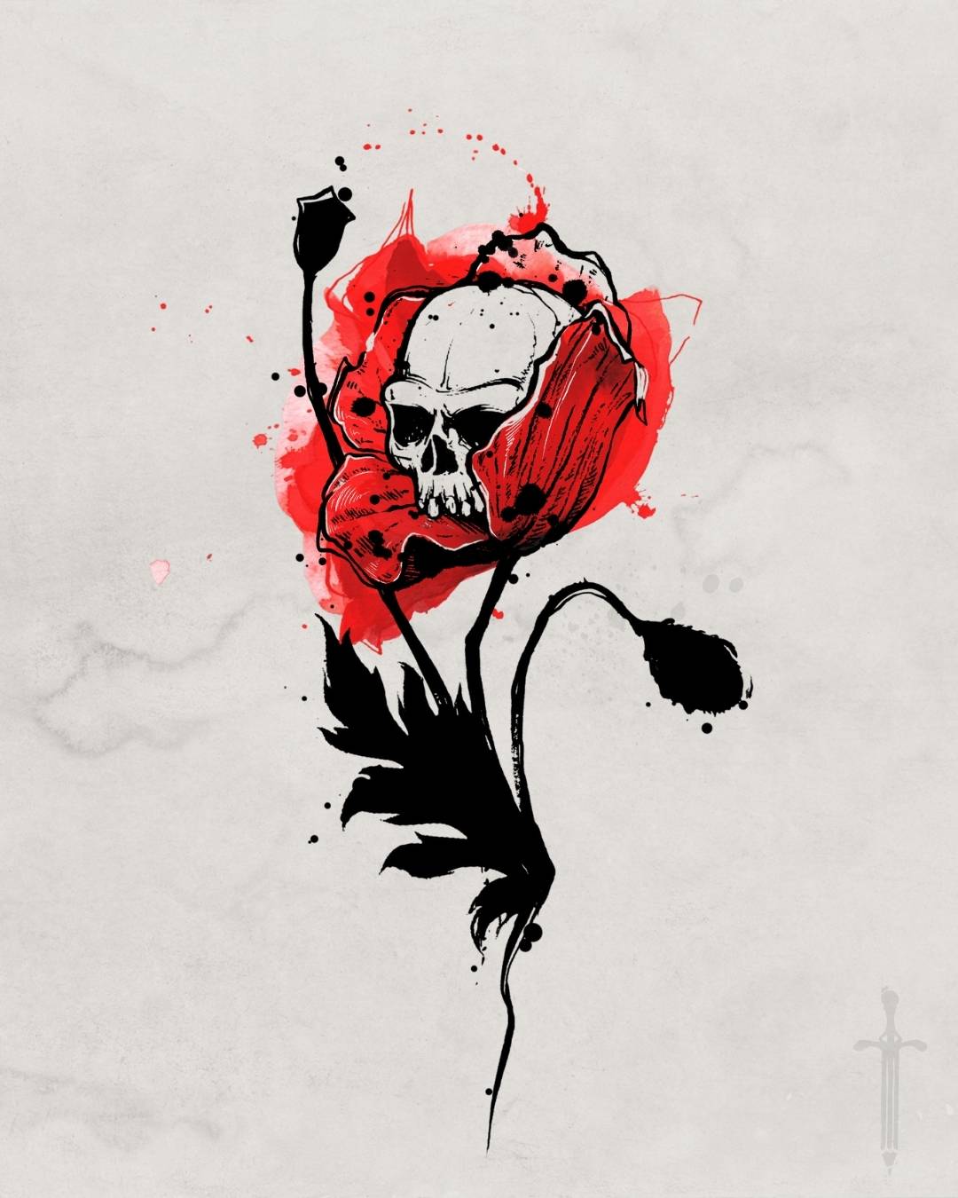 Wolf poppy skull tattoo design