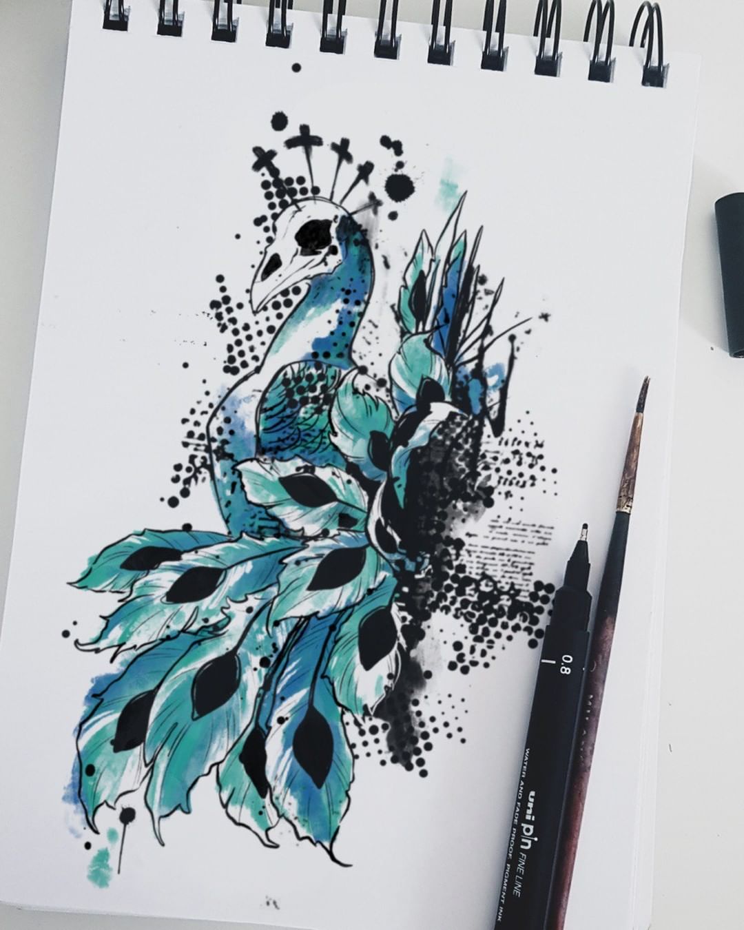 peacock trash-polka tattoo design